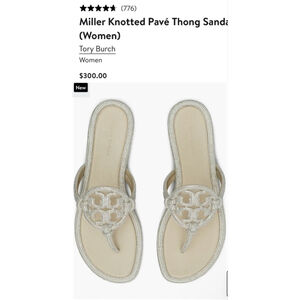 New Tory Burch Miller Knotted Pavé Thong Sandals Silver Beige Stone Gray 9